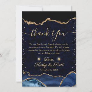 Blue and Gold Faux Glitter Agate Wedding Thank You Card