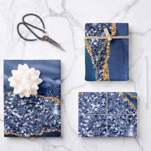 Blue and Gold Faux Glitter Agate Wrapping Paper Sheets