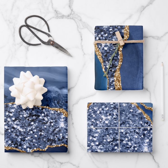 Blue and Gold Faux Glitter Agate Wrapping Paper Sheets (Front)