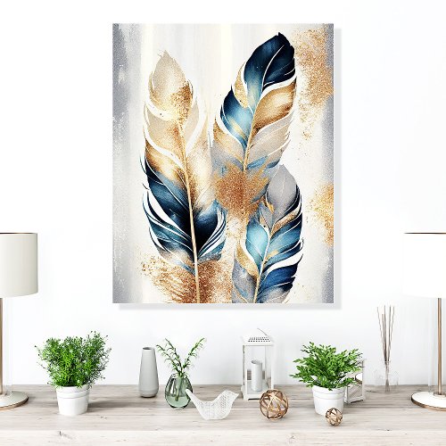 Blue And Gold Feather Modern Acrylic Photo Tile