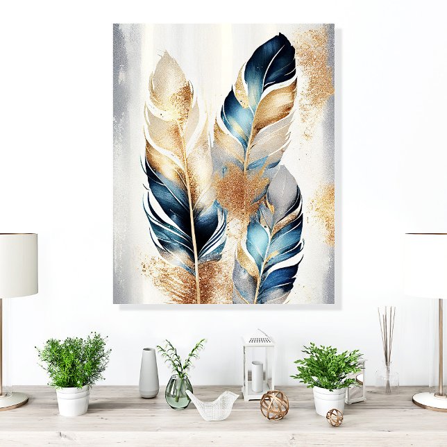 Blue and Gold Feather Modern Acrylic Photo Tile (Creator Uploaded)