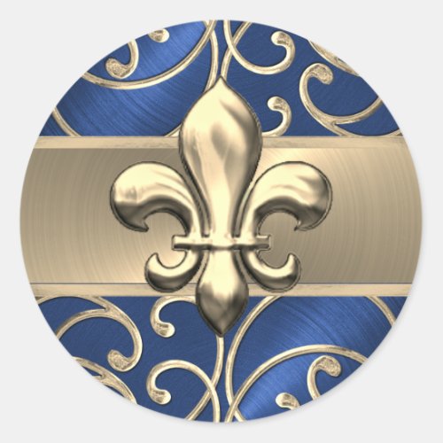 Blue and Gold Filigree Swirls Fleur de Lis Classic Round Sticker