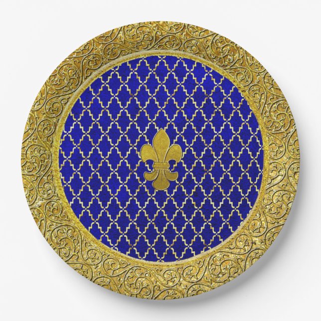 Blue and Gold Fleur-de-lis Any Occasion Paper Plates (Front)