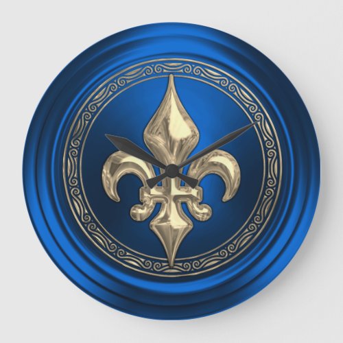 Blue and Gold Fleur de Lis Envelope Seal Large Clock