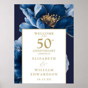 Blue And Gold Floral 50th Anniversary Welcome Sign