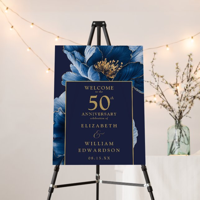 Blue And Gold Floral 50th Anniversary Welcome Sign (In Situ (Stand))