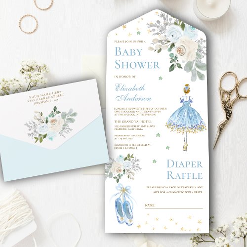Blue and Gold Floral Ballerina Baby Shower All In One Invitation