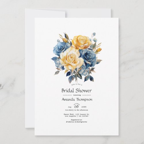 Blue and Gold Floral Bridal Shower Invitation