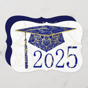 Blue and Gold Floral Cap 2025 Graduation Party Invitation