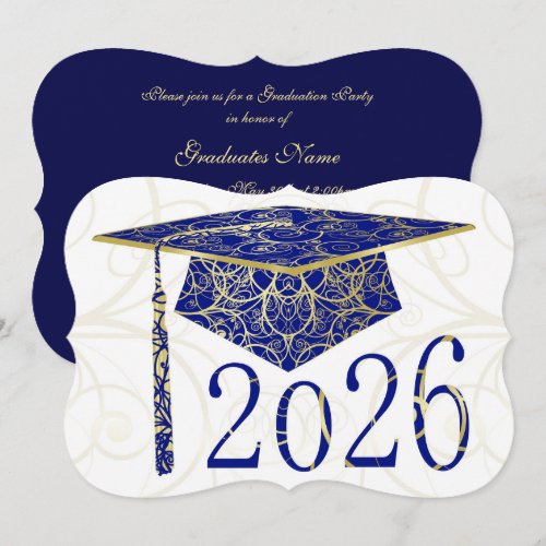 Blue and Gold Floral Cap 2026 Graduation Party Invitation