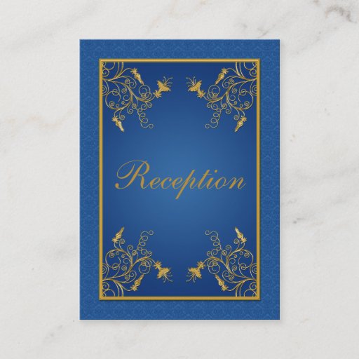 Customizable Blue and Gold Floral Damask Enclosure Card Business Card Templates