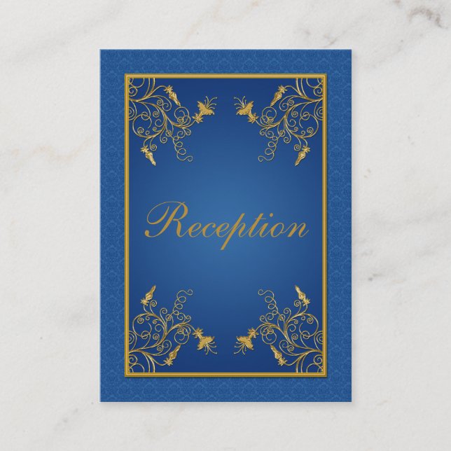 Blue and Gold Floral Damask Enclosure Card (Front)