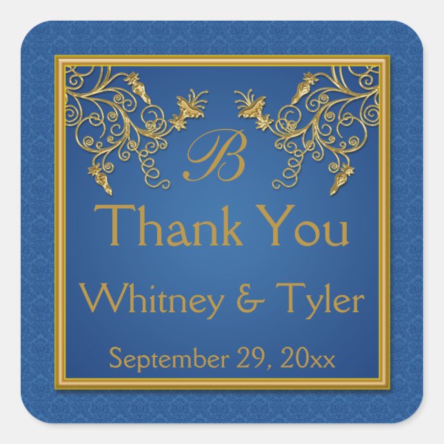 Blue and Gold Floral Damask Monogram Sticker (Front)