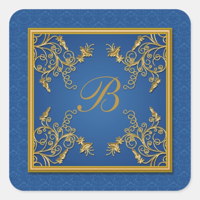 Blue and Gold Floral Damask Monogram Sticker (Front)