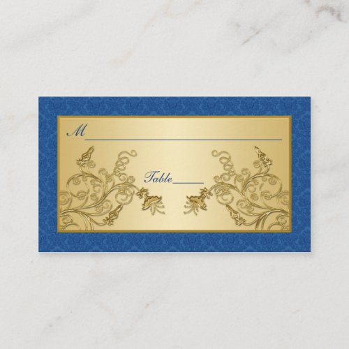 Blue and Gold Floral Damask Placecards Business Card Template