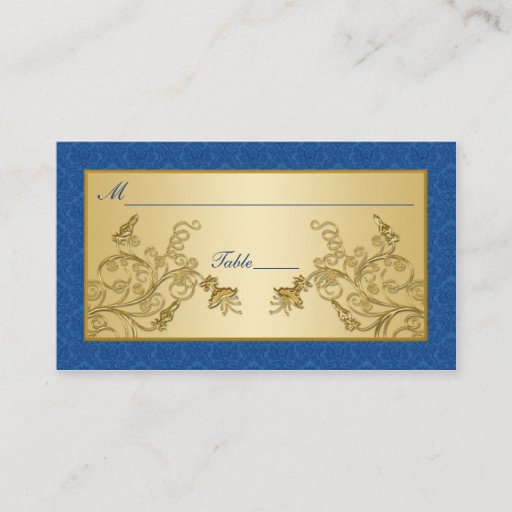 Customizable Blue and Gold Floral Damask Placecards Business Card Template