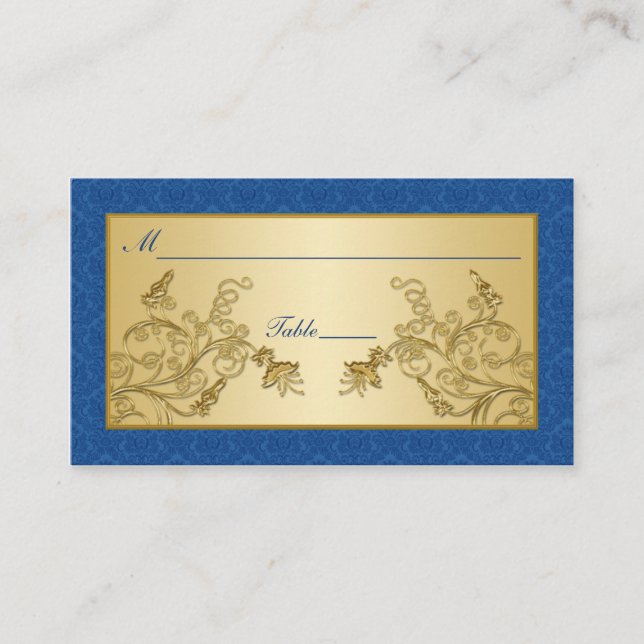 Blue and Gold Floral Damask Placecards (Front)