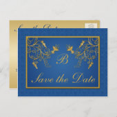 Blue and Gold Floral Damask Save the Date Card (Front/Back)