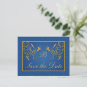 Blue and Gold Floral Damask Save the Date Card (Standing Front)