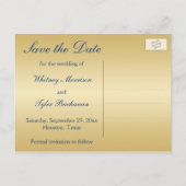 Blue and Gold Floral Damask Save the Date Card (Back)