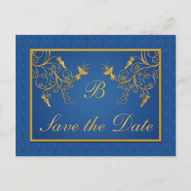 Blue and Gold Floral Damask Save the Date Card (Front)