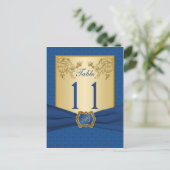 Blue and Gold Floral Damask Table Number (Standing Front)
