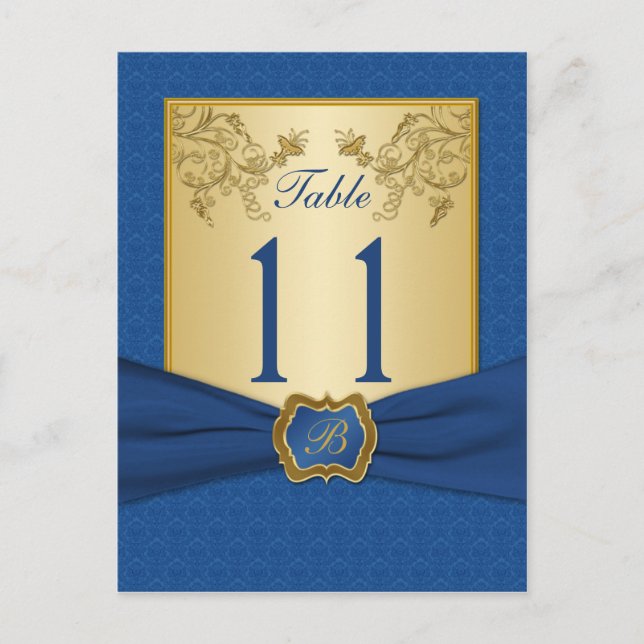 Blue and Gold Floral Damask Table Number (Front)