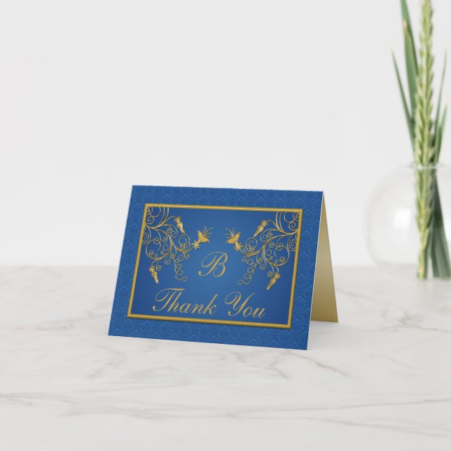 Blue and Gold Floral Damask Thank You Card (Front)