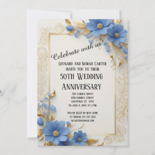 Blue and Gold Floral Elegance 50th Anniversary Invitation