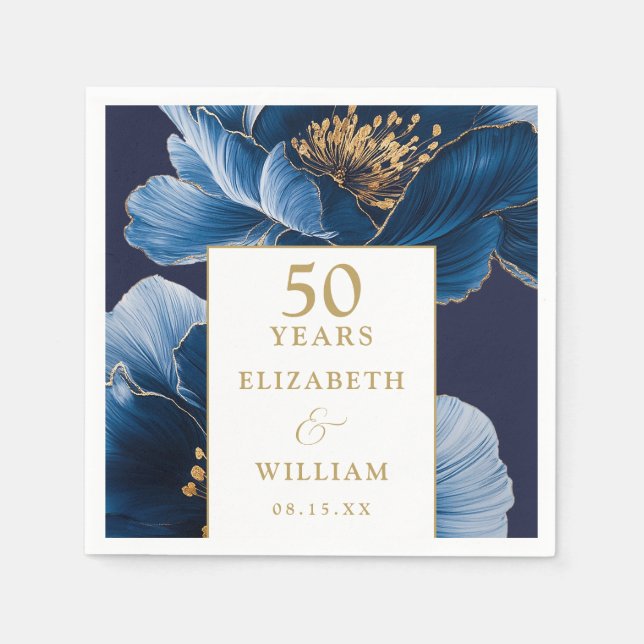 Blue And Gold Floral Elegant 50th Anniversary Napkins (Front)