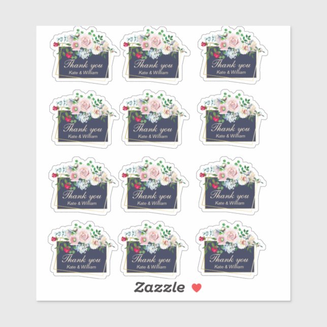 Blue and Gold Floral Frame Wedding Thank You Set Sticker (Sheet)