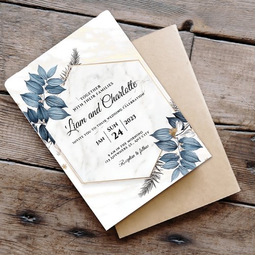 Blue and Gold Floral Geometric Wedding Invitation
