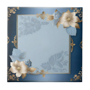Blue And Gold Floral Metallic Ceramic Tile