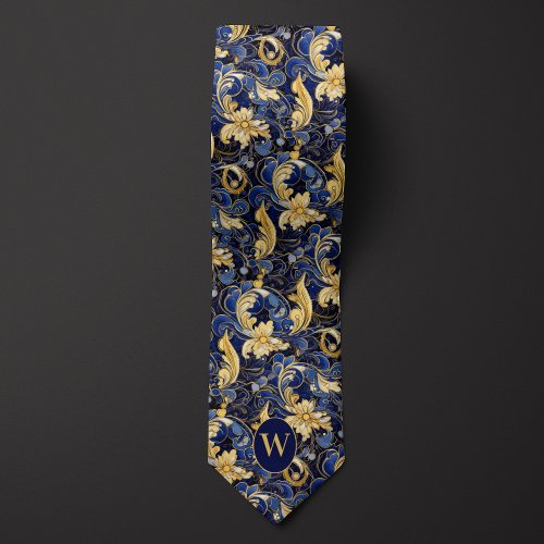 Blue and Gold Floral Monogram Neck Tie