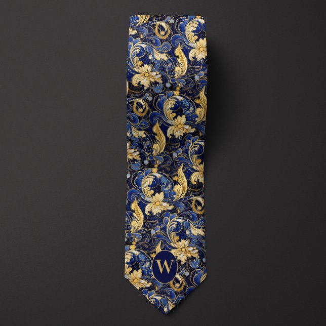 Blue and Gold Floral Monogram Neck Tie (Creator Uploaded)