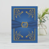 Blue and Gold Floral Monogram Wedding Invitation (Standing Front)