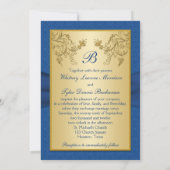 Blue and Gold Floral Monogram Wedding Invitation (Back)
