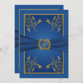 Blue and Gold Floral Monogram Wedding Invitation (Front/Back)