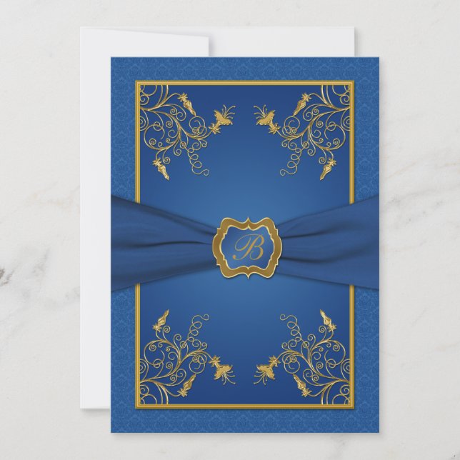 Blue and Gold Floral Monogram Wedding Invitation (Front)