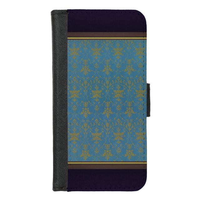 Blue And Gold Floral Pattern iPhone Wallet Case (Front)
