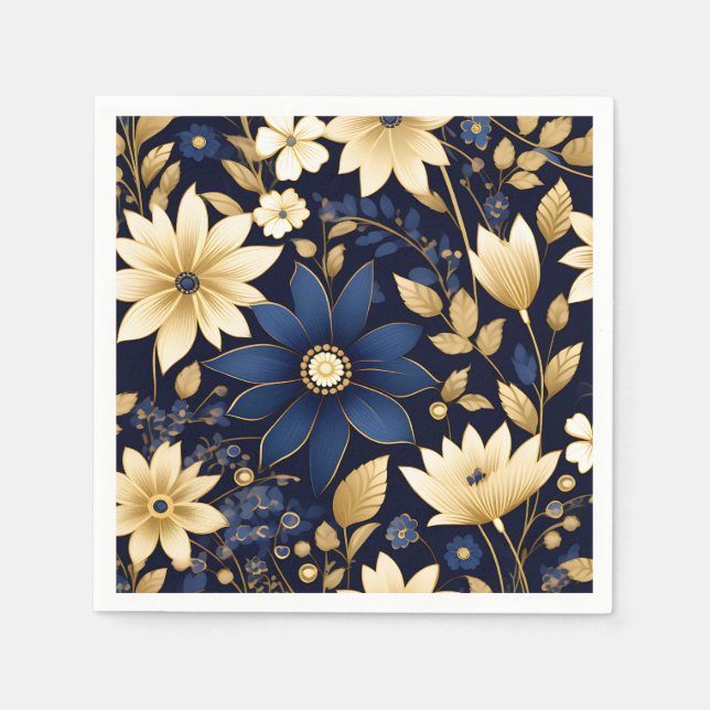Blue and Gold Floral Pattern Napkins (Front)