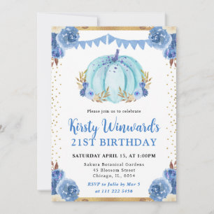 Blue and Gold Floral Pumpkin Fall 21st Birthday Invitation