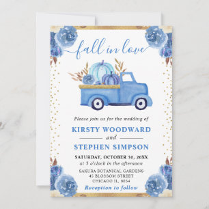 Blue and Gold Floral Pumpkin Truck Fall Wedding Invitation