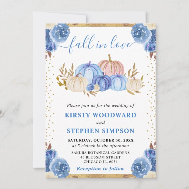Blue and Gold Floral Pumpkins Fall Wedding Invitation (Front)