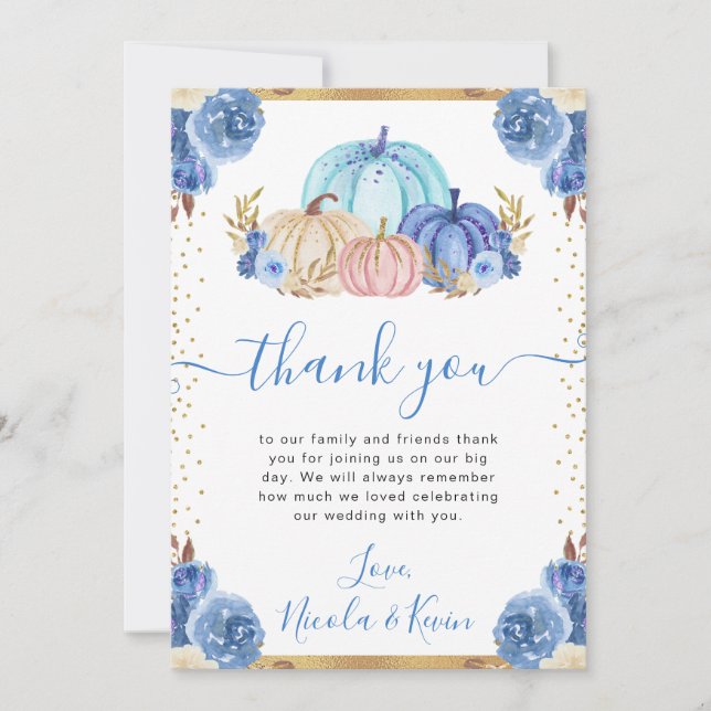 Blue and Gold Floral Pumpkins Fall Wedding Thank You Card (Front)