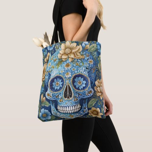 Blue and Gold Floral Sugar Skull Tote Bag