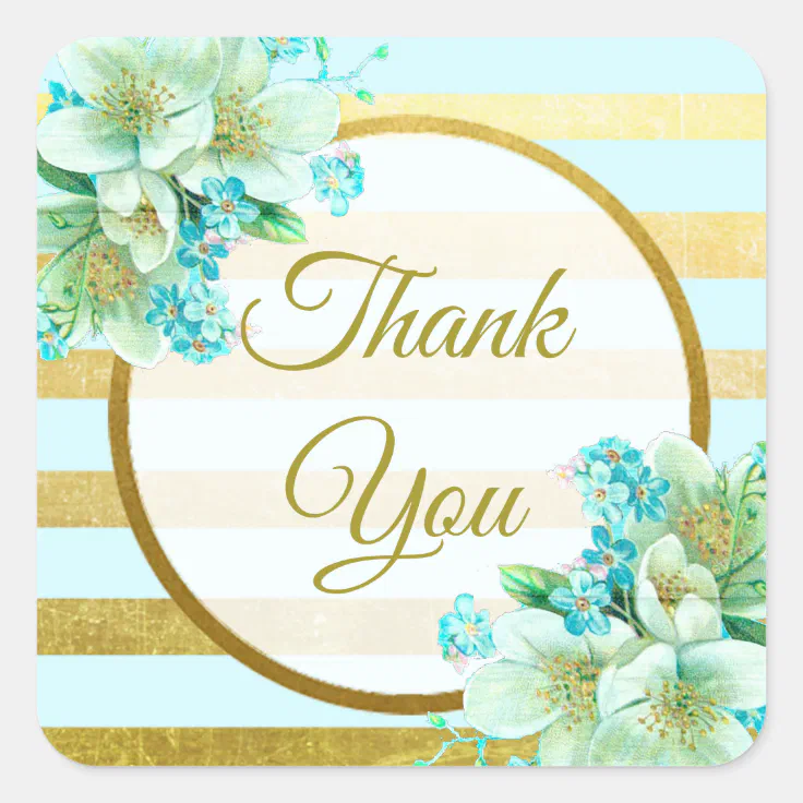 Blue and Gold Floral Thank You Stickers | Zazzle