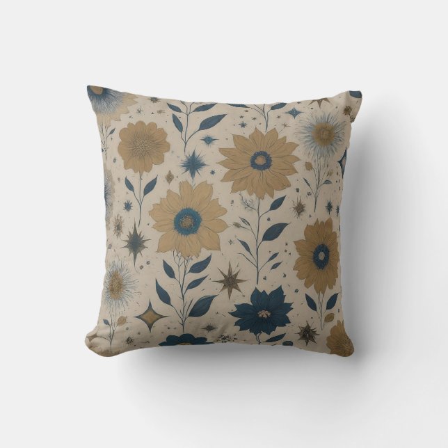 Blue and Gold Floral  Throw Pillow (Front)