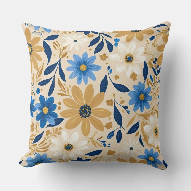 blue and gold floral throw pillow (Front)