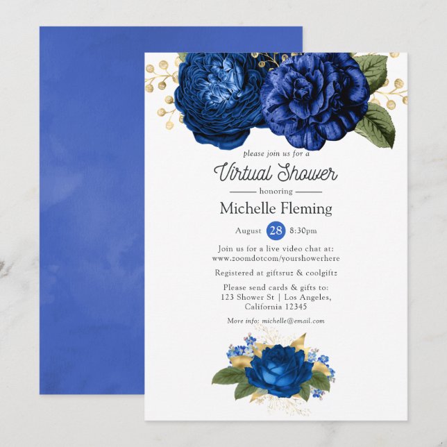 Blue and Gold Floral Virtual Baby or Bridal Shower Invitation (Front/Back)